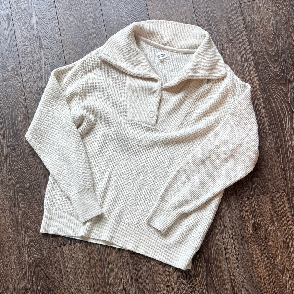 aerie Cream Waffle-Knit V-Neck Sweater with Button Placket